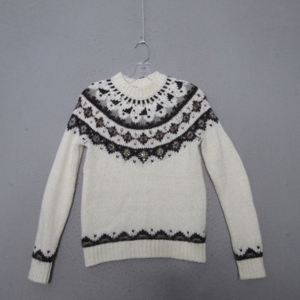 LOFT Sweater XS Fair Isle Fisherman Embellished Beaded Wool Alpaca Blend Nordic